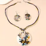 Boho Printed Natural Shell Graffiti Flat Round Pendant Earrings & Necklaces Set