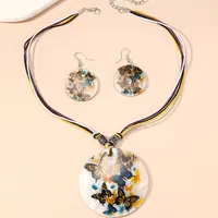 Boho Printed Natural Shell Graffiti Flat Round Pendant Earrings & Necklaces Set