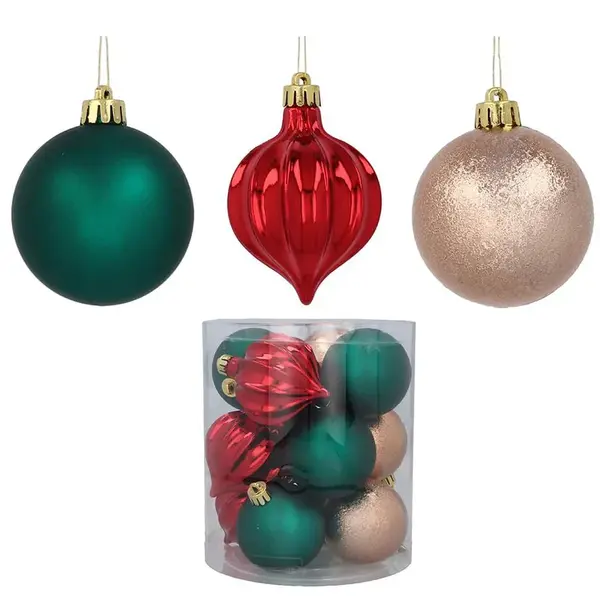 Sada 12 ozdoby v trubice zelená/zlatá/červená