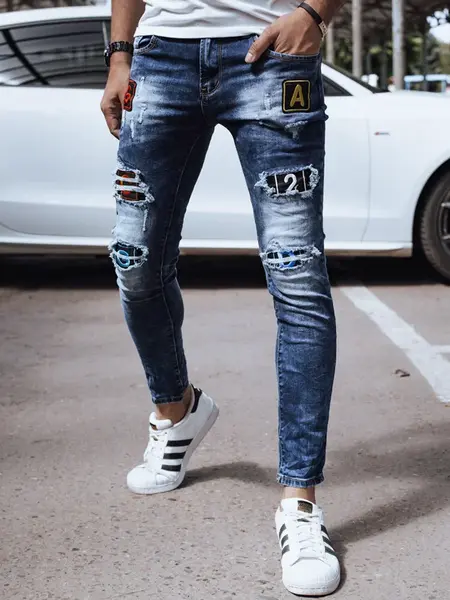 Pánske modré skinny fit rifle s dierami