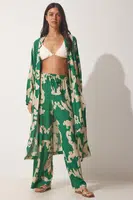 Happiness İstanbul Women&#039;s Green Beige Patterned Viscose Kimono Palazzo Pants Suit