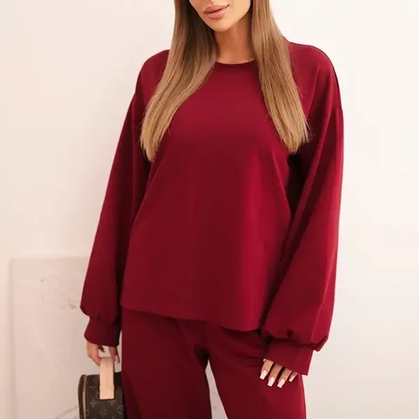 Polski Dámská bavlněná souprava se širokými nohavicemi a mikinou s dlouhým rukávem bordó