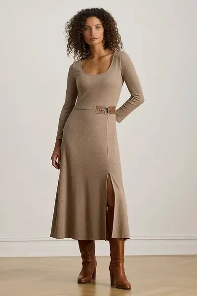 Šaty Lauren Ralph Lauren béžová barva, midi, 200980038