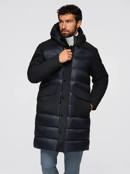 Ombre Men's long quilted jacket with large pockets - black