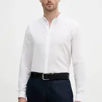 Lněná košile Sisley pánská, bílá barva, regular, se stojáčkem, 51FCSQ03J