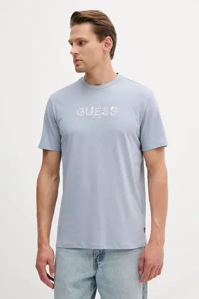 Bavlněné tričko Guess pánské, modrá barva, s aplikací, M5YI41 KBW41