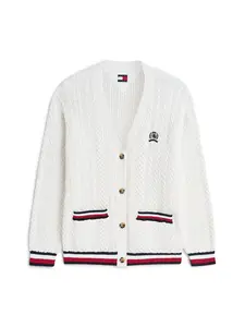 Tommy Jeans Kardigán 'Global Stripe Oversized Cable'  červená / čierna / biela