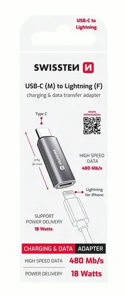 NABÍJECÍ ADAPTÉR SWISSTEN USB-C / LIGHTNING, STŘÍBRNÁ