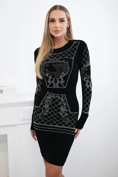 Knitted dress with gold and silver pattern of black cubic zirconia