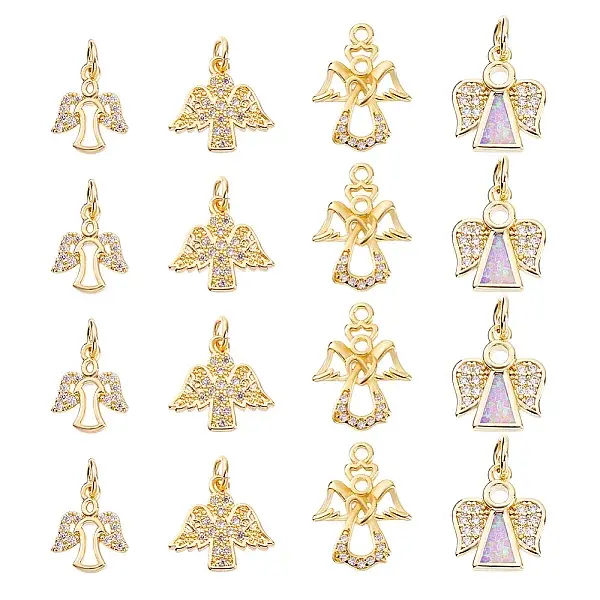 12Pcs 4 Styles Brass Micro Pave Cubic Zirconia Charms