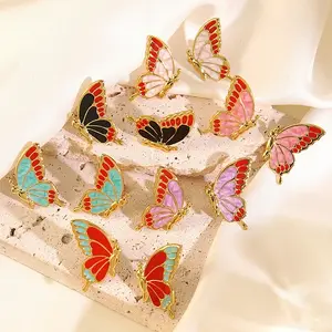 304 Stainless Steel Enamel Butterfly Stud Earrings