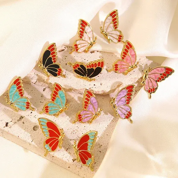 304 Stainless Steel Enamel Butterfly Stud Earrings