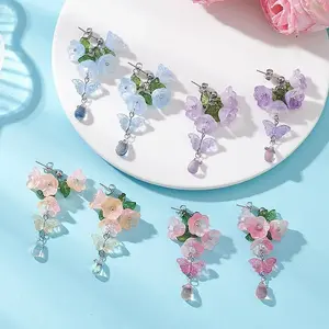 Flower with Butterfly Glass & Acrylic Dangle Stud Earrings
