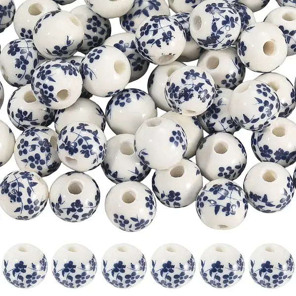 80Pcs Floral Printed Porcelain Beads