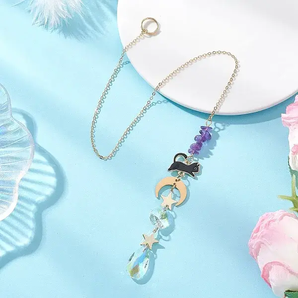 Teardrop Glass & Natural Amethyst Beads Hanging Suncatchers