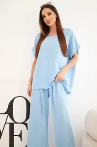 Kesi plus size dámská souprava: top a široké kalhoty, modré