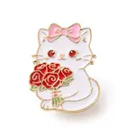 Cat Shape Holding Red Rose Flower Bouquet Enamel Pins