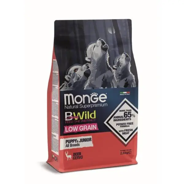 MONGE BWild Low Grain Puppy & Junior All Breeds 2,5 kg kompletné krmivo pre šteňatá všetkých plemien s jelením mäsom a so znížením množstvom obilnín