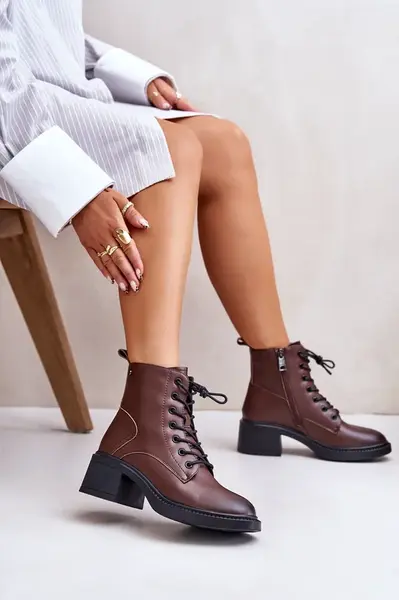 Insulated women's ankle boots on a low heel made of natural leather Vinceza brown