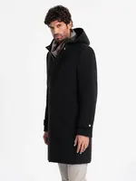 Ombre Men's long monochrome hooded coat - black