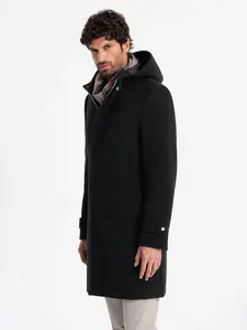 Ombre Men's long monochrome hooded coat - black