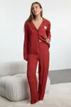 Trendyol Brick Teddy Bear Viscose Woven Pajama Set