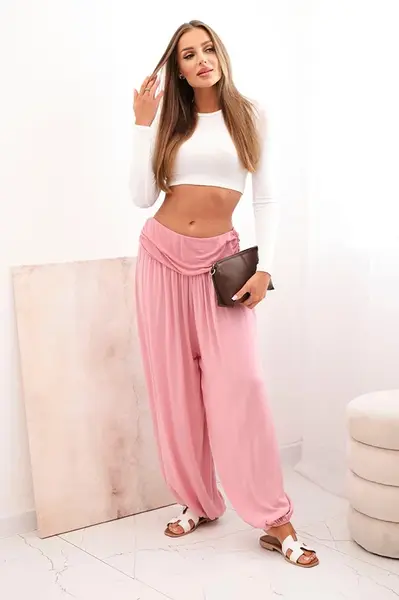 Kesi Włoski Dámske viskózové nohavice so širokými nohavicami a volánikmi tmavo ružová