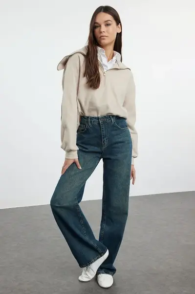 Trendyol Navy Blue High Waist Wide Leg Jeans