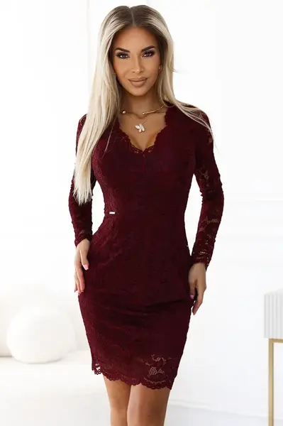 170-14 Lace dress with long sleeves and neckline - DARK BORDO