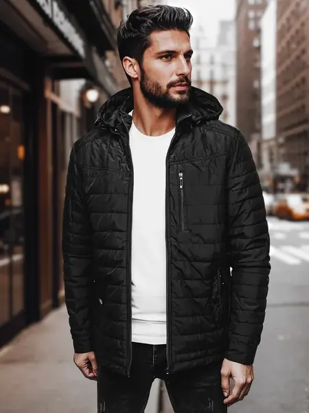 Pánska čierna prešívaná bunda s kapucňou