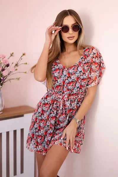 Květinové šaty se zavazováním v pase černé