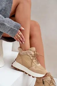 BIG STAR SHOES Kožené Sneakersy Trapery Dámské S Kožíškem Na Platformě Big Star