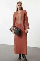 Trendyol Cinnamon Hooded and Embroidered Detail Woven Kimono & Kaftan & Jalabia