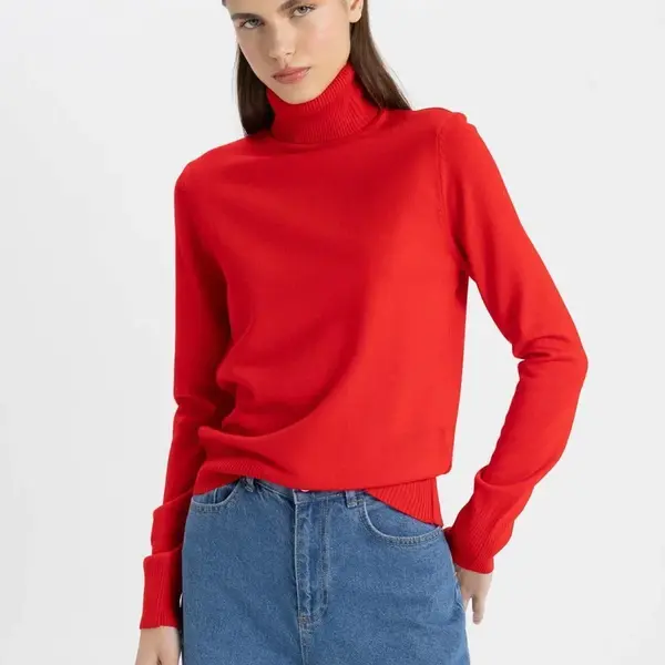 DEFACTO Soft Textured Turtleneck Basic Plain Red Knitwear Sweater