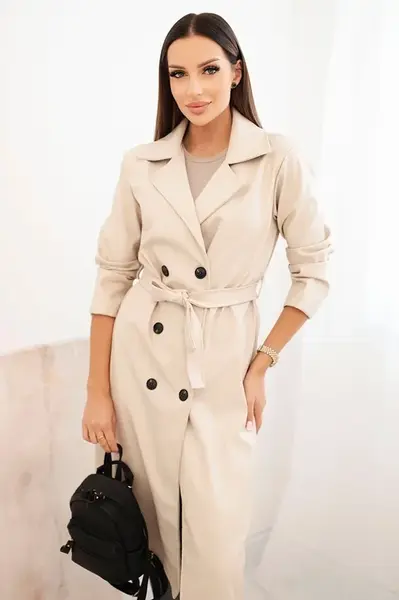Kesi Włoski Dámský trench z eko kůže s páskem a límcem béžový