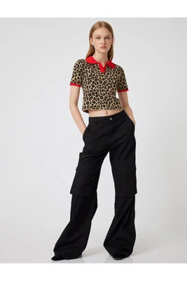 Koton Polo Neck Sweater Leopard Patterned Piping Short Sleeve