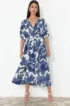 Trendyol Blue Floral A-Line Double-Breasted Midi Woven Dress