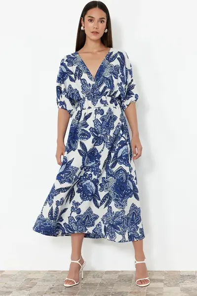 Trendyol Blue Floral A-Line Double-Breasted Midi Woven Dress