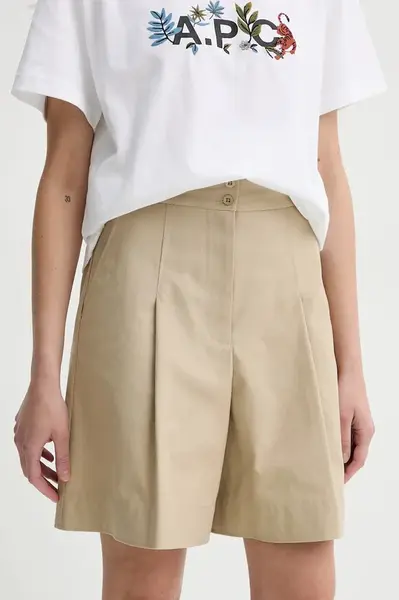 Bavlněné šortky A.P.C. short orlane dámské, zelená barva, hladké, high waist, COHFU.F10214