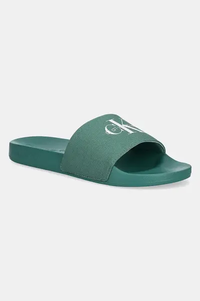 Pantofle Calvin Klein Jeans SLIDE MONOLOGO CV pánské, zelená barva, YM0YM01367
