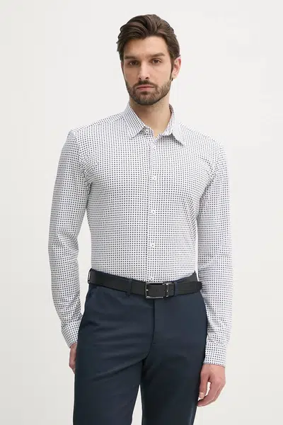 Košile BOSS pánská, bílá barva, slim, s klasickým límcem, 50539457