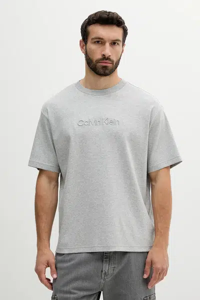 Bavlněné tričko Calvin Klein pánské, šedá barva, s aplikací, LV04LC206G
