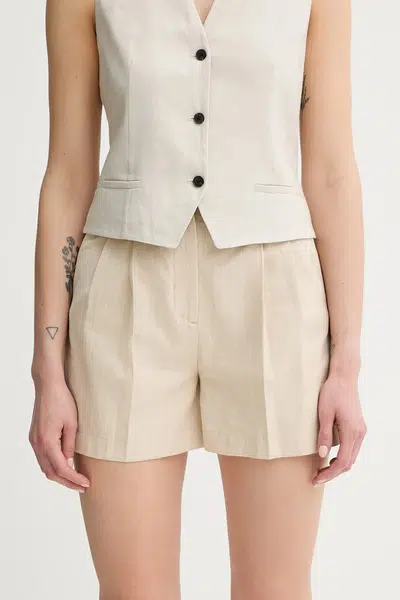 Šortky s příměsí lnu PS Paul Smith dámské, béžová barva, high waist, W2R.317T.P31282