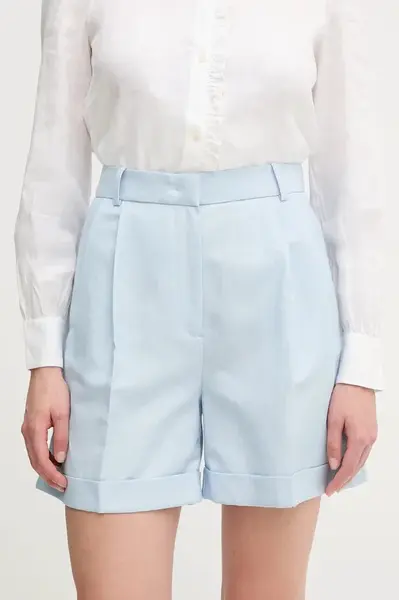 Šortky s příměsí lnu Tommy Hilfiger dámské, modrá barva, high waist, WW0WW44767