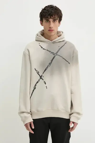 Bavlněná mikina Heliot Emil pánská, béžová barva, s kapucí, s potiskem, PRESS25_M_08_072_ST18