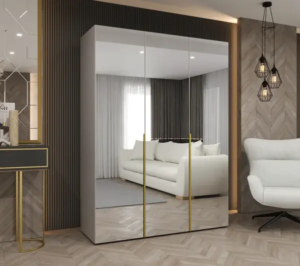 Šatní skříň Abi Alicante 3 Rozměry: 150 cm, Pásky / úchyty: Zlatý, Barva korpusu + barva dveří: Kašmír + zrcadlo