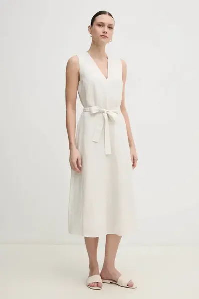 Šaty s příměsí lnu Calvin Klein béžová barva, midi, K20K208424