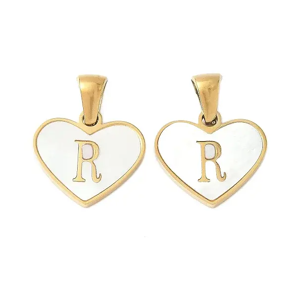 304 Stainless Steel Pave Natural White Shell Heart with Initial Slice Pendants
