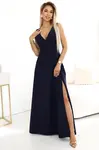 634-1 MIRA elegant maxi dress with a wrap neckline and a slit on the leg - navy blue
