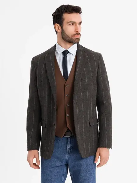 Ombre Men's elegant plaid blazer with wool blend - graphite